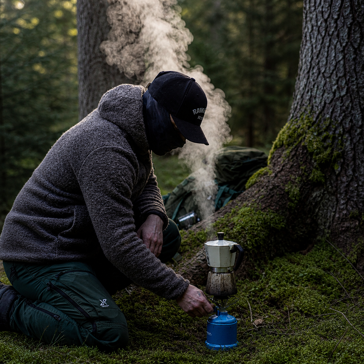 Ben mit einer Tasse draußen im Wald